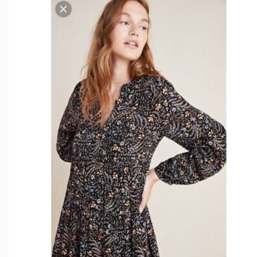 Anthropologie Maeve Amber Dress Floral V-Neck Tiered Long Sleeve Peasant Dress